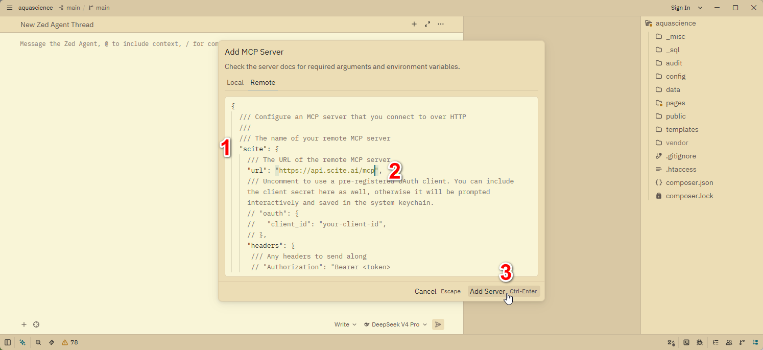 Add MCP Server modal with Scite URL