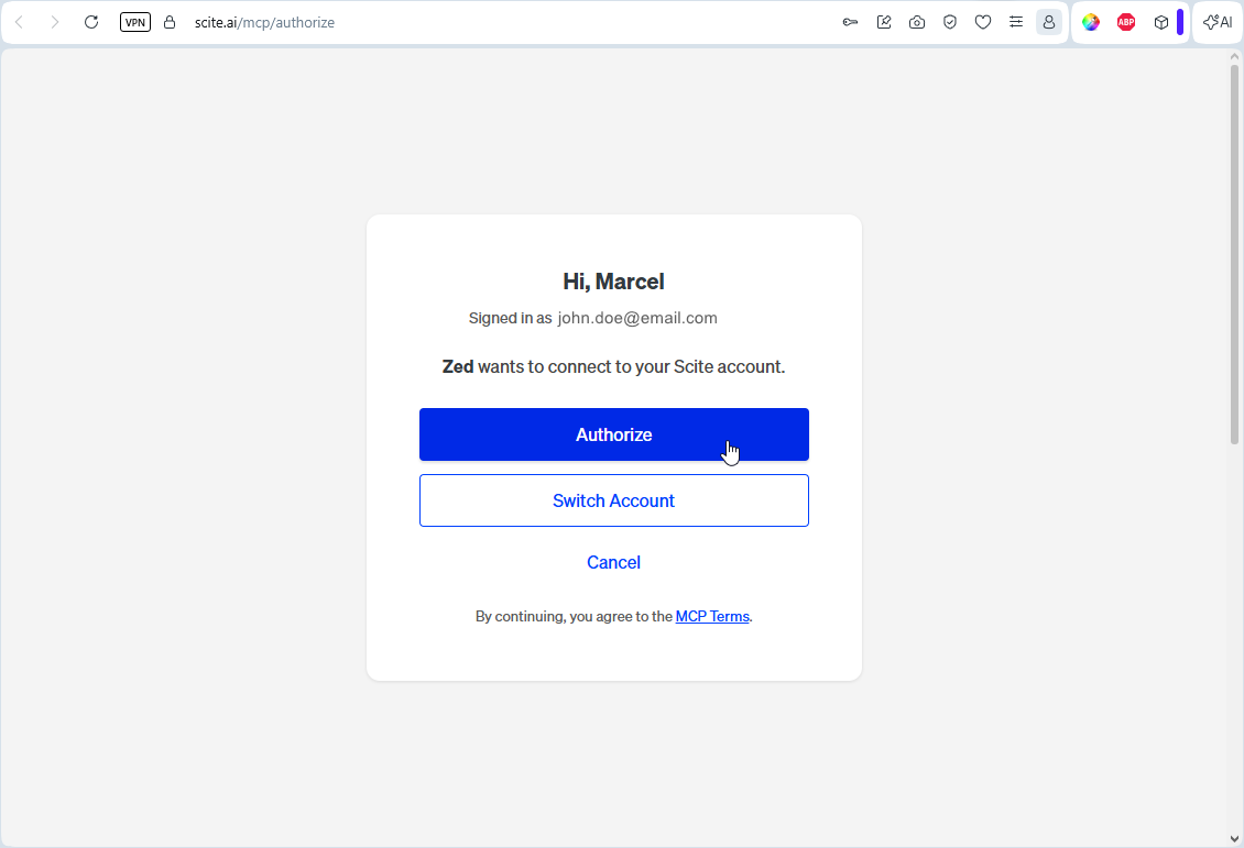 Scite Authorization page